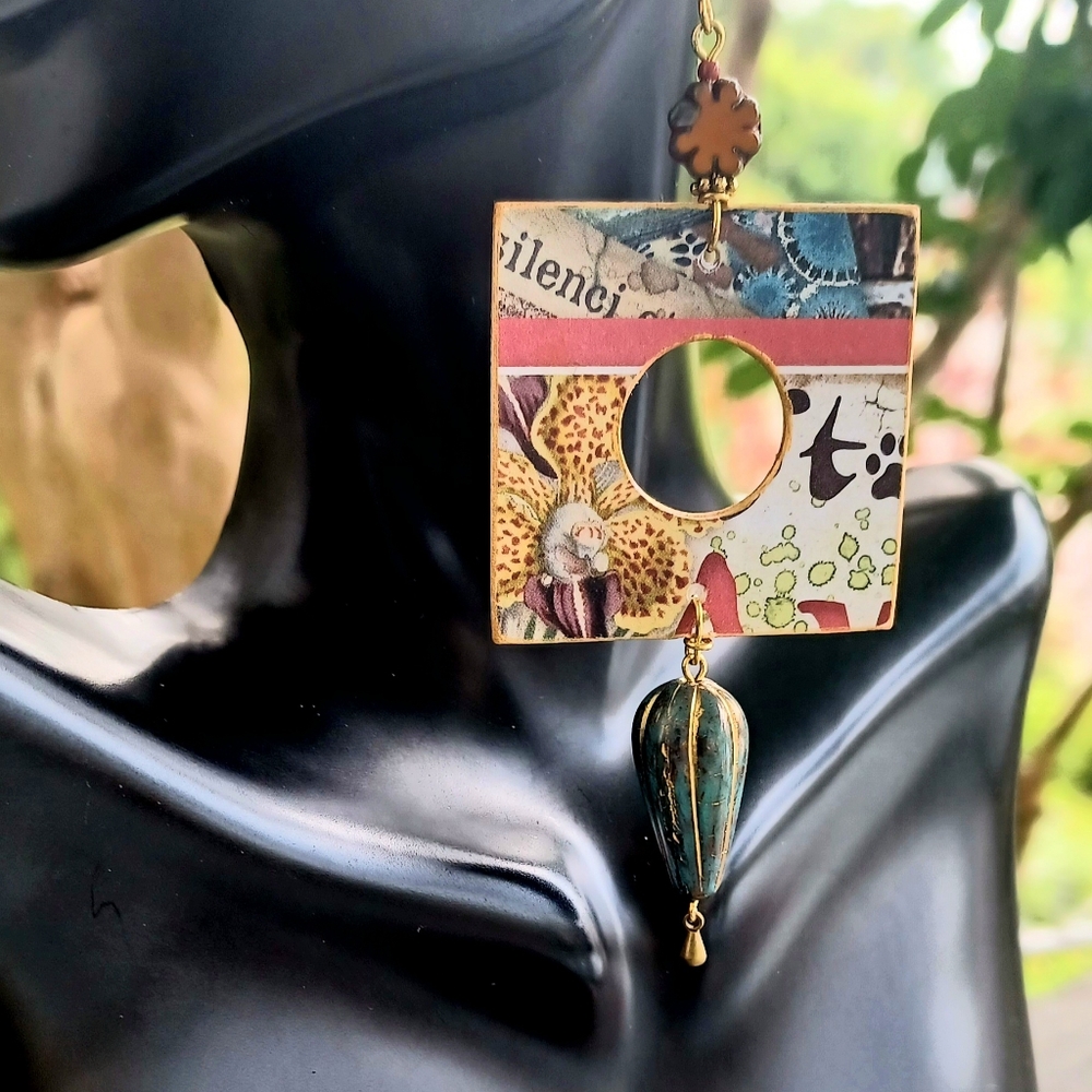 Large Square with Circle artisan paper earrings